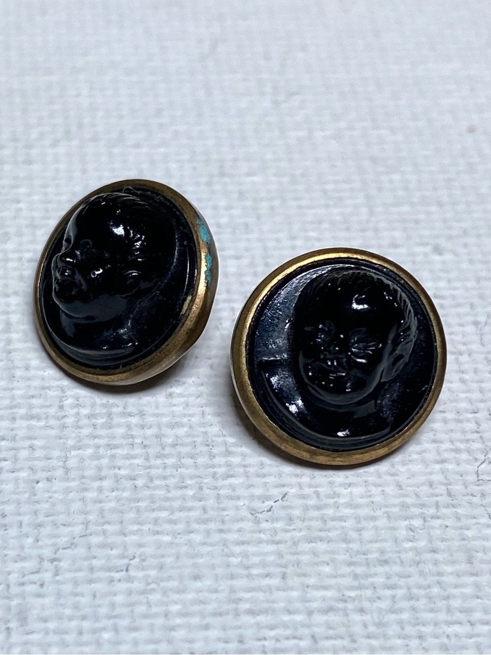 Rare Antique Black Cameo Buttons with Brass Rim